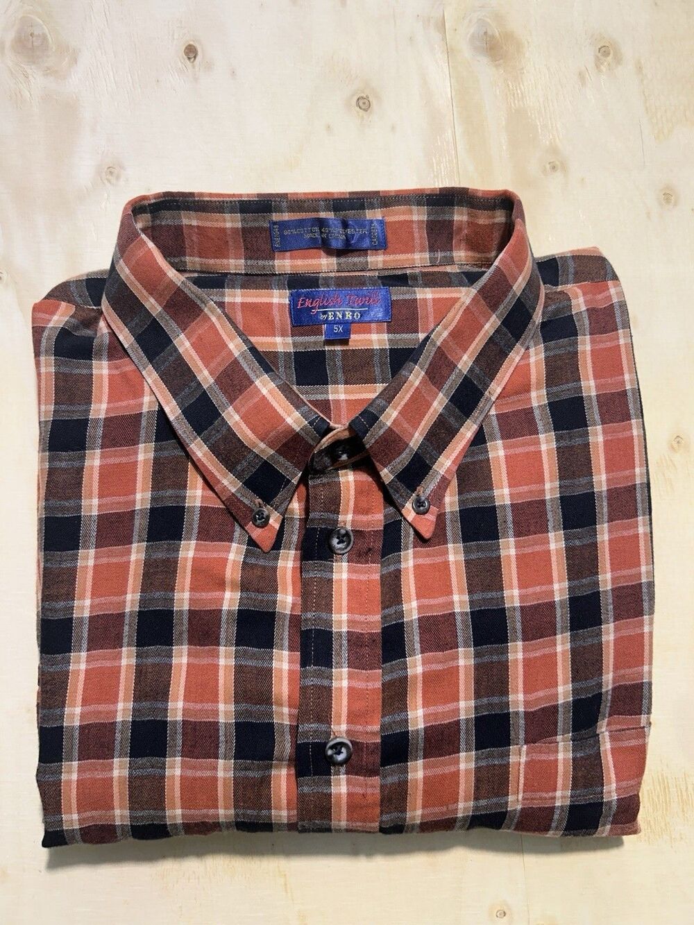Enro English Merit Shirt 5X Big & Tall Plaid Button Down Long Sleeve Orange Navy